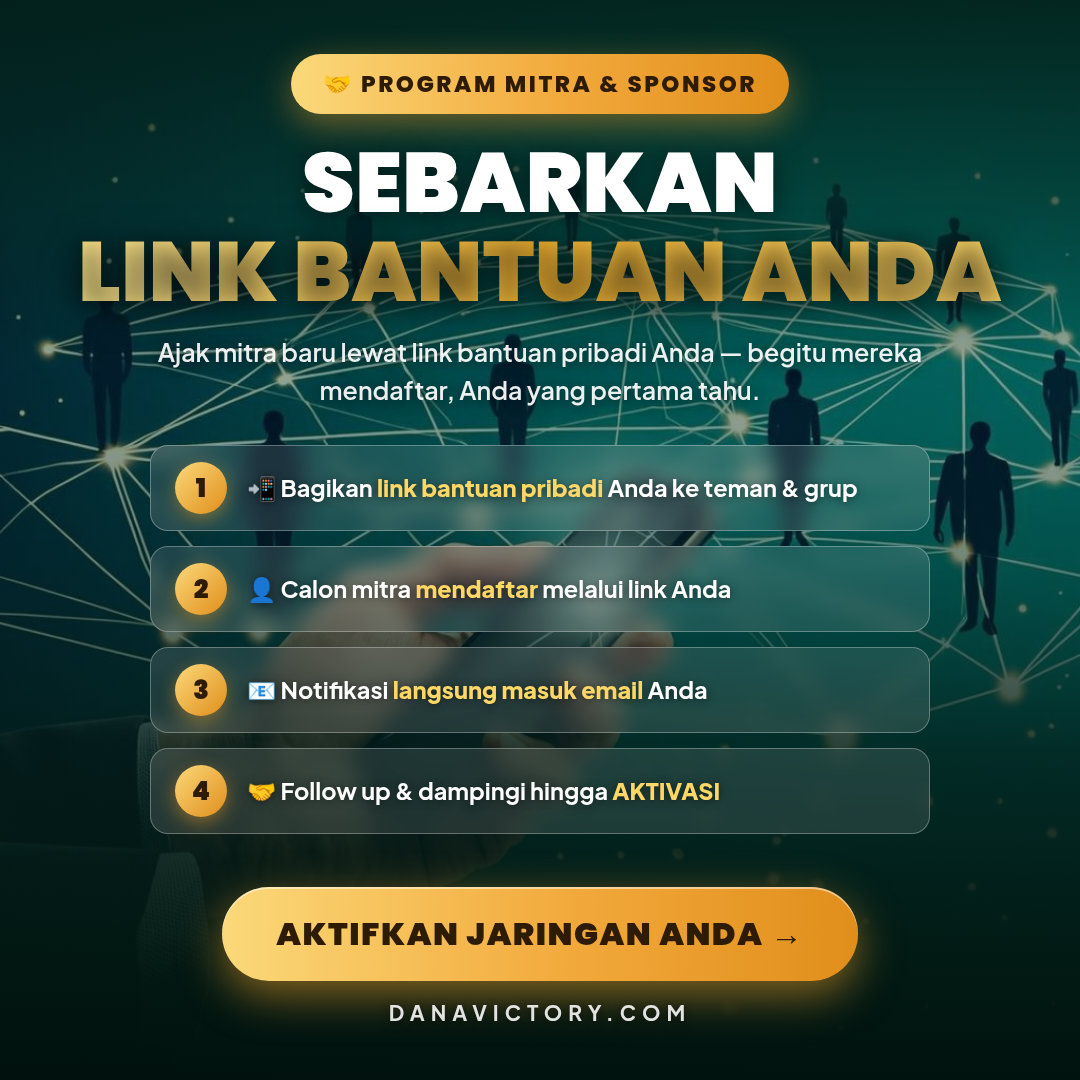 Poster program mitra & sponsor Dana Victory — sebarkan link bantuan